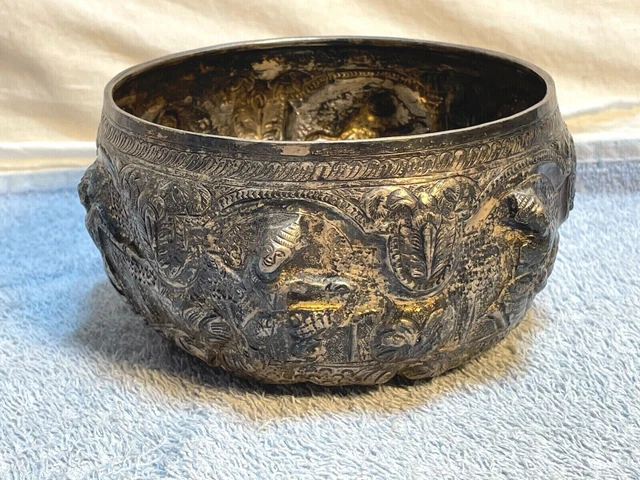 Vintage silver Repousse Bowl ASIAN SIAM Thai Burmese Buddhist Myanmar DANCERS