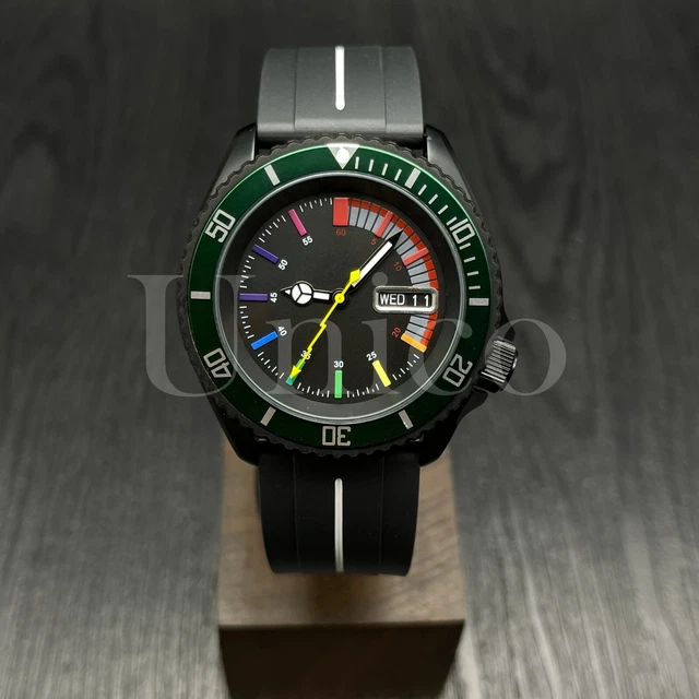 Custom Made Mods Watch SKX Style NH36 Auto Movement D/Green Rainbow Hours BK/WT
