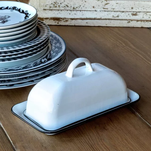 New Farmhouse Retro Vintage Enamelware BUTTER DISH Black White Enamel