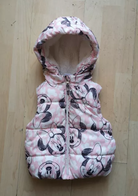 Girls Pink Minnie Mouse Quilted Fleece Lined Hooded Bodywarmer Age 12-18 Months