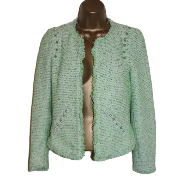 ZARA WOMAN JACKET Coat Blazer S Mint Green White Tweed Boucle Studded ...