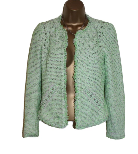 ZARA WOMAN JACKET Coat Blazer S Mint Green White Tweed Boucle Studded