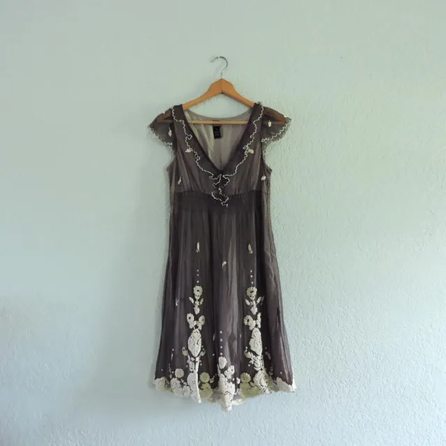 ANTHROPOLOGIE LITHE EMBROIDERED tulle Dress size 2 ruffle V-Neck flawed ...