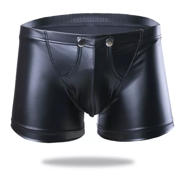 Men's Low Rise Boxer Shorts Faux Leather Wet Look Bulge Pouch Underwear Clubwear