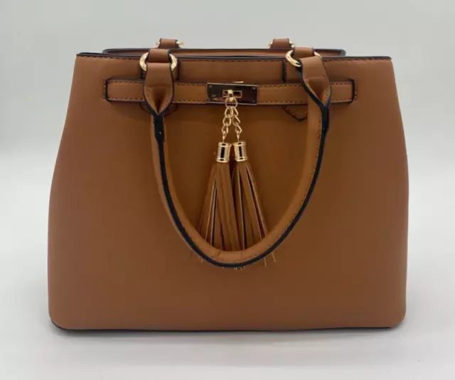 Faux Leather Bag Handbag Brown Purse Bag w Tassel Women's Shoulder Tote