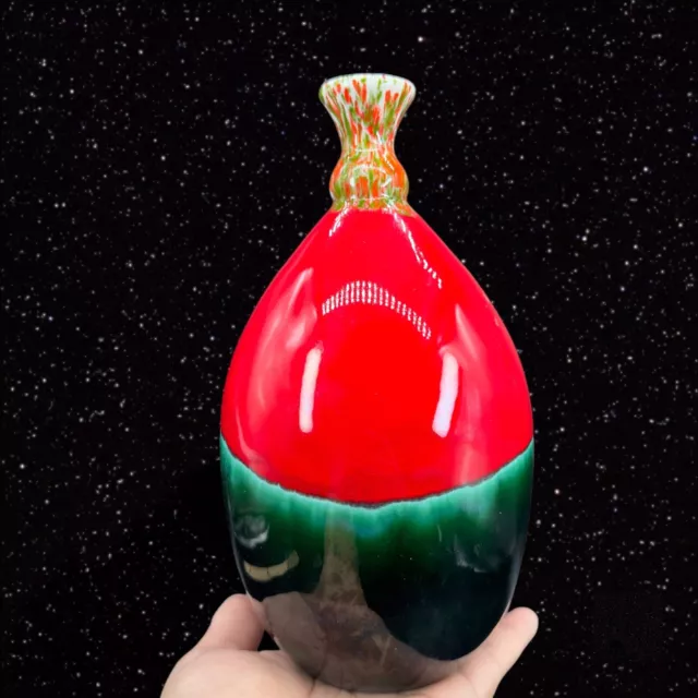 1970s Ceramic Hand Made Pottery Vase Hand Painted Marked By Artist Red Green