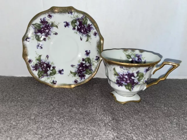 Vintage Royal Sealy China Japan Tea Cup And Saucer Violets Gold Lovely