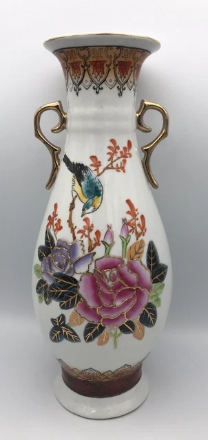 VASE à ANSE En PORCELAINE à Décor D’Oiseau Et De Fleurs Polychrome D’ASIE -30 Cm