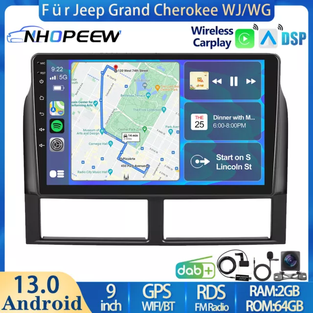 DAB+ Carplay 64GB Android 13 Autoradio GPS DSP KAM Für Jeep Grand Cherokee WJ/WG
