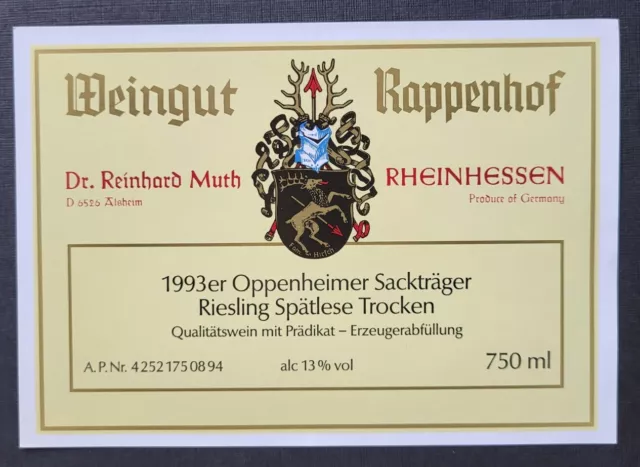 Weinetikett Oppenheimer Sackträger Riesling Spätlese Trocken 1993 Rheinhessen