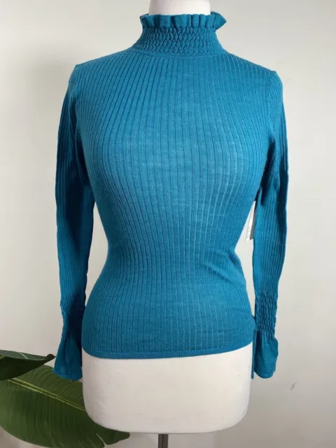 REBECCA TAYLOR Sweater S Womens Cold Shoulder Metallic Green Turtleneck NEW