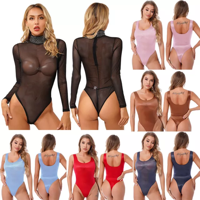 Women's Bodysuit Glossy See-Through Mesh Long Sleeve High Cut Sexy Leotard