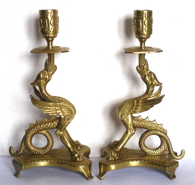 paire bougeoir ancien bronze napoléon 3 chimère lampe à petrole xix gargouille