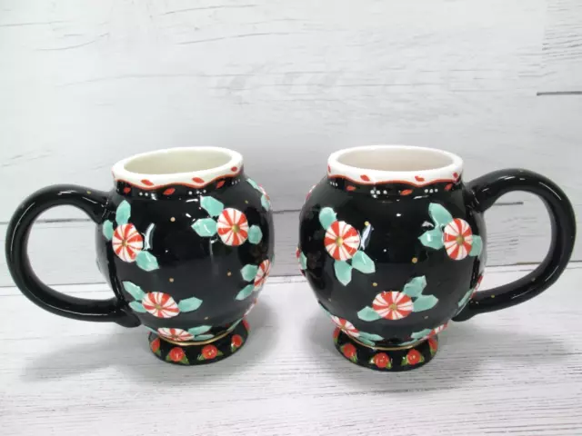Mary Engelbreit Peppermint Candy Christmas Mug Tea Cup Set 2 Footed Black Flower