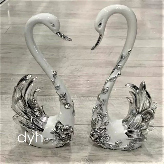 Italian Pair White Silver Swan Romany Diamante Swans Shelf Sitter Ceramic New