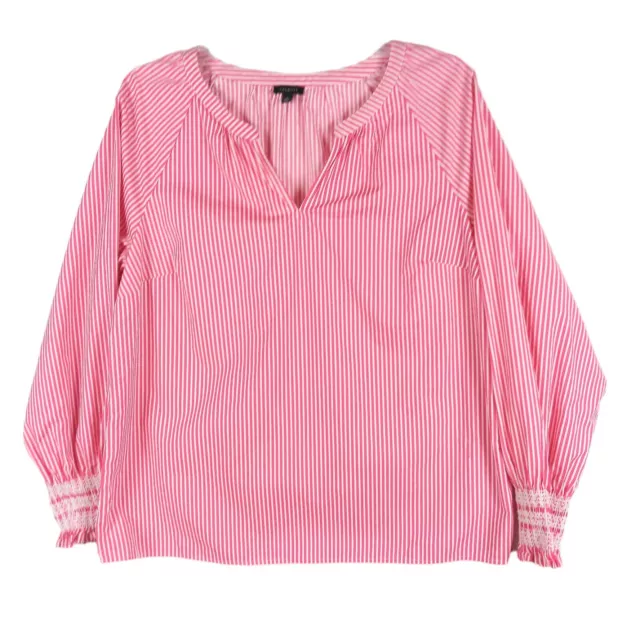 Talbots Popover Top Size L Pink Stripe Long Smocked Raglan Sleeves V-Neck