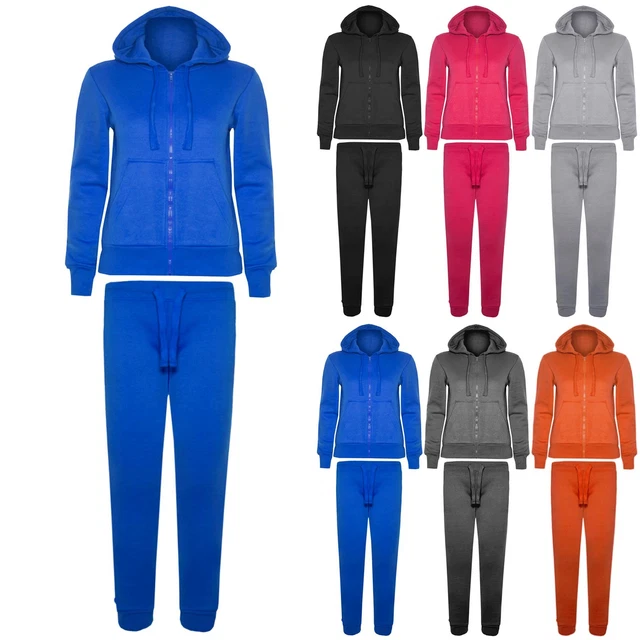 Girls Boys Kids Pockets Hooded Top Jogging Bottoms Zip-Up Training Tracksuit Set