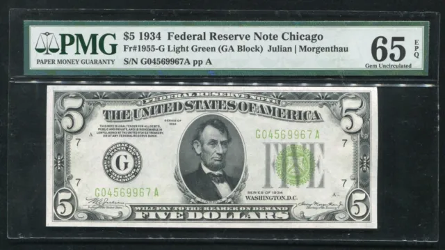 FR. 1955-Glgs 1934 $5 LGS LIGHT GREEN SEAL FRN CHICAGO, IL PMG GEM UNC-65EPQ