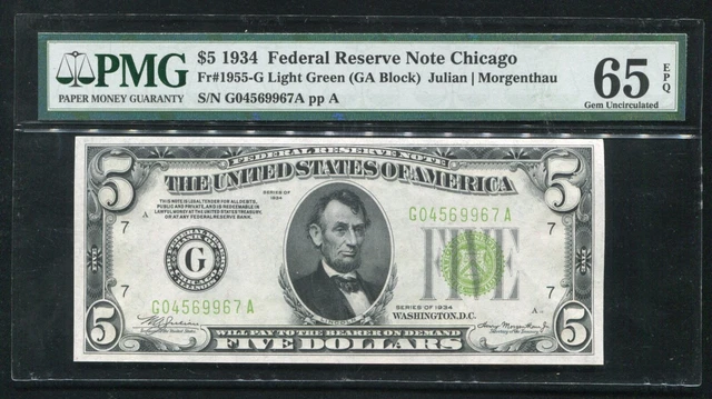 FR. 1955-Glgs 1934 $5 LGS LIGHT GREEN SEAL FRN CHICAGO, IL PMG GEM UNC-65EPQ