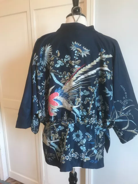 vtg Silk Japanese Kimono Haori Jacket Open Front Silk Topper Asian floral birds
