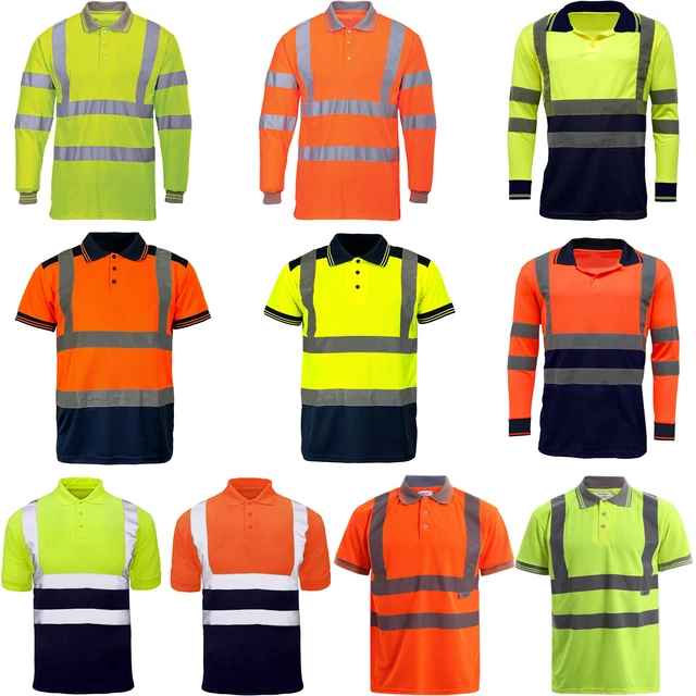 HI VIZ VIS Polo T-Shirt High Visibility Reflective Tape Safety Security ...