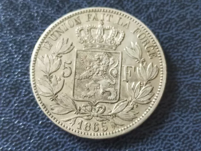Belgique monnaie 5 francs 1865 Lepoold Ier en argent