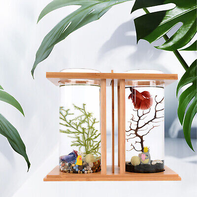 Glass Betta Fish Tank Bamboo Base Mini Aquarium Office Desktop Decoration Home