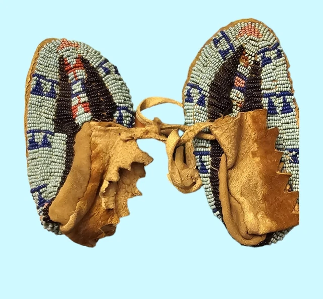 Antique Pair of Beaded Animal Hide Baby Moccasins