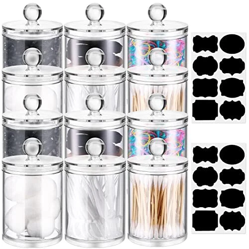 12 Pack Cotton Ball Dispenser Clear Apothecary Jars with Labels Acrylic Cotto...
