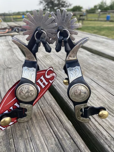 Showman black steel jingle bob spur w/German silver accents