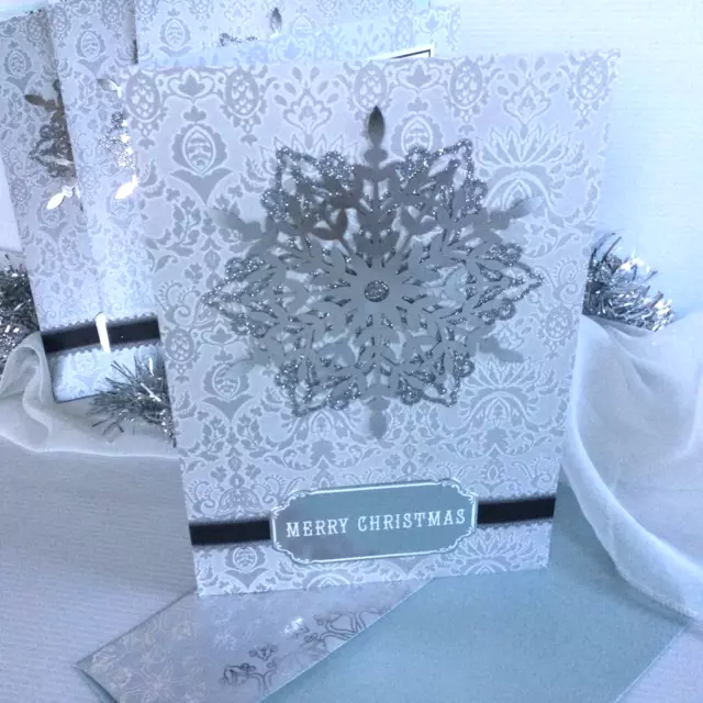 4 Deluxe Christmas Cards Merry Christmas W Silver Glitter Snowflake New