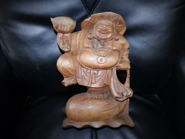 Vintage Carved One Piece Wood Figure Of Happy Chinese Buddah In Hat 12.5" High