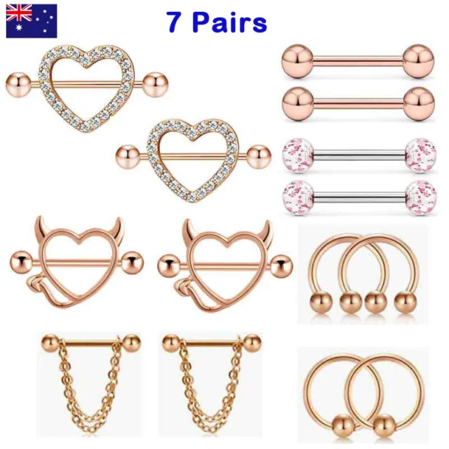 7 Pair Stainless Heart Sexy Crystal Barbell Nipple Shield Piercing Body Jewel AU