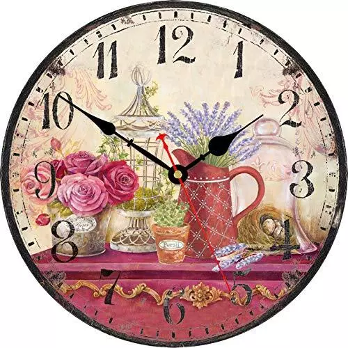 14 Inch Vintage Wall Clock, Vintage Floral *WOODEN**RRP £24.99*BEAUTIFUL*