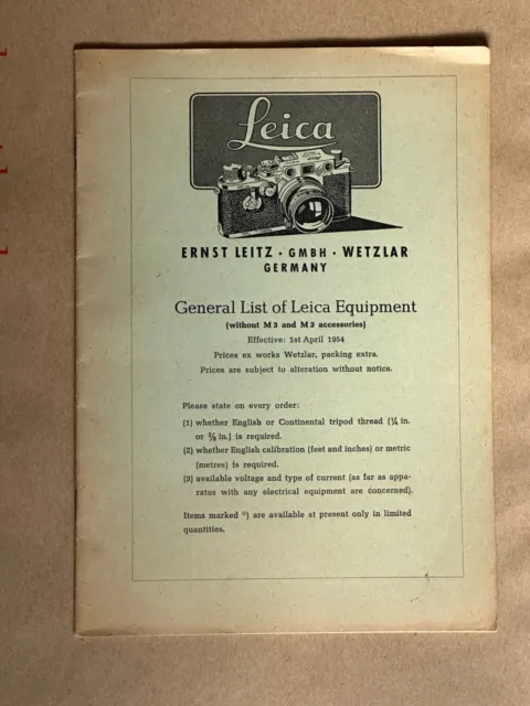 Leica, General List of Leica Equipment, 1954, Paper Booklet