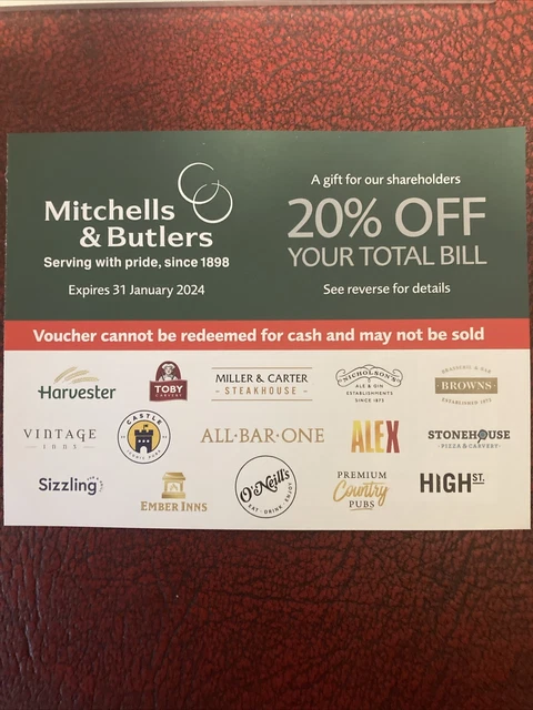 Mitchells and Butlers 20 % off  'Total Bill discount Voucher'
