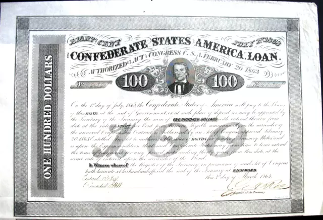 Confederate States of America loan + Coup. Richmond 1863 CSA USA Stephens Rose