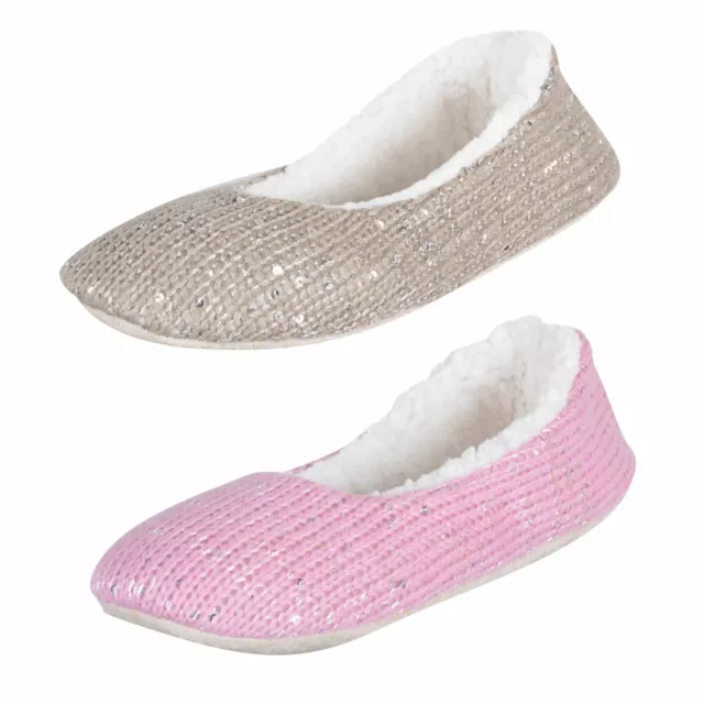 Womens Ballet Slipper Knitted Ballerina Sequin Sparkle Sherpa Lining Non Slip