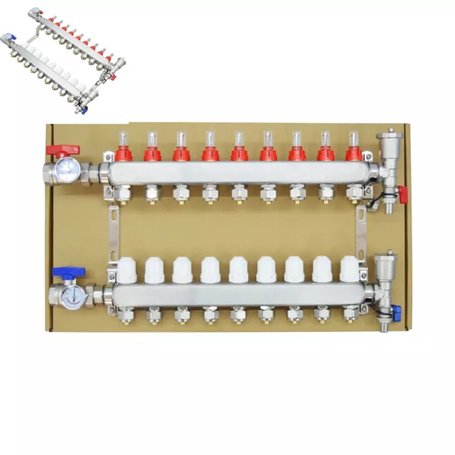 G 1/2" 9-Branch PEX Radiant Floor Heating Manifold Set Water Konckout Vessel