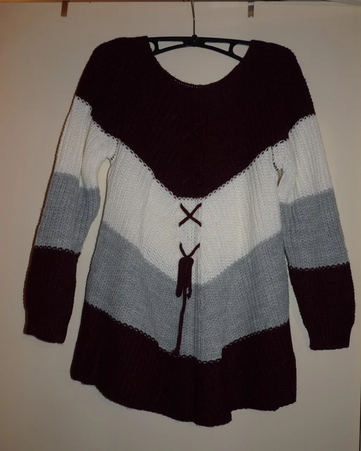Pull femme original graphique rayé blanc-bordeaux-gris laçage déco taille S - BE