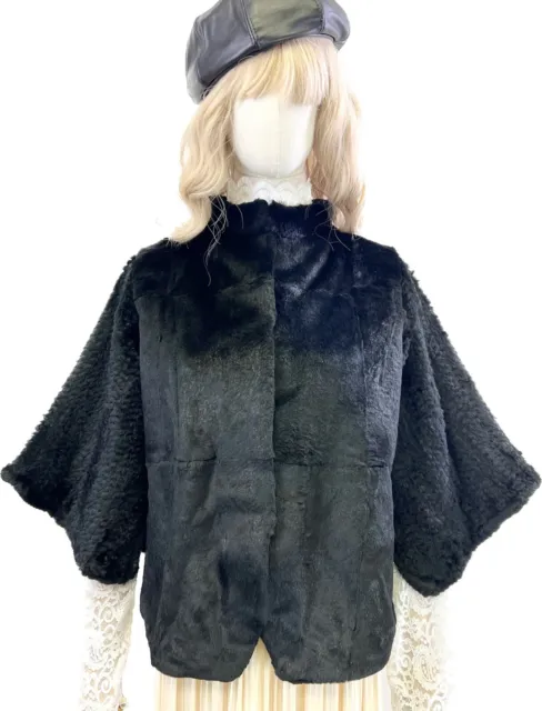 New Women’s Genuine Sheared Mink Fur Cape Jacket Knitted Sleeves XS Bust 38.5 In