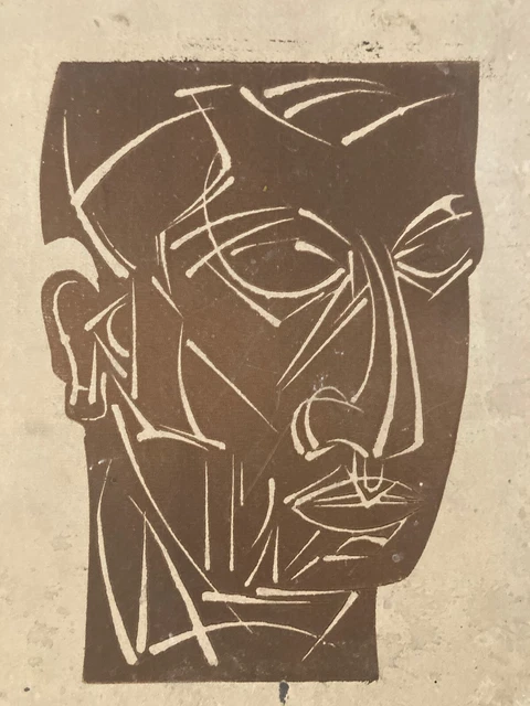 Belle Gravure Sur Carton Bois Encre Portrait Homme Buste 1960 À Identifier