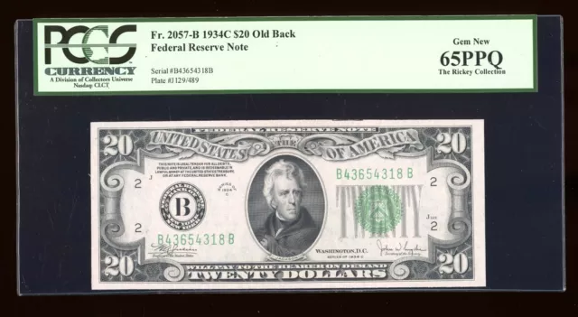 DBR 1934C $20 FRN New York Old Back Gem Fr. 2057-B PCGS 65 PPQ Serial B43654318B
