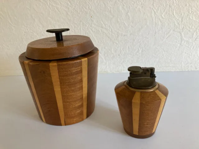 👿 Ancienne Boite à Tabac en Bois Laminated Lancraft Woodware Vintage + Briquet