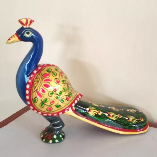 Hand Crafted Decorative Peacock Glazed Wooden Idol Lucky figurine Statue Murti