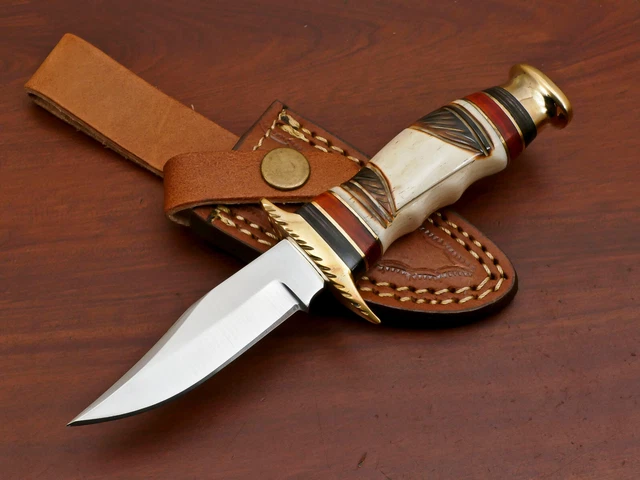 Custom Hand Made D2 Blade Steel Hunting Knife- Burn Engraved Camel Bone- Za-3352
