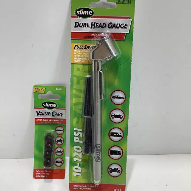 Slime 10-120 psi Dual Head Pencil Gauge w/Bonus Valve Extensions & 4-caps, 2016A