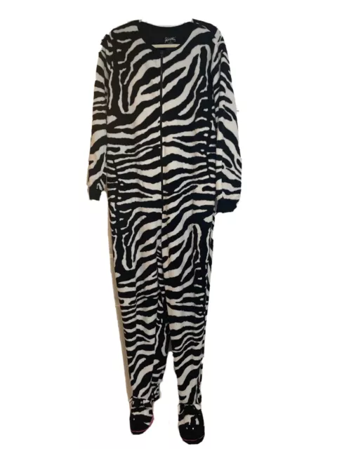 Nick And Nora Women’s Adult XL Zebra Stripe One Piece Footie Black White Pajamas