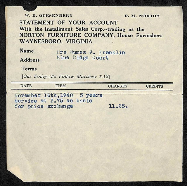 VINTAGE NOV. 1940 Norton Furniture Co. Statement / Letterhead