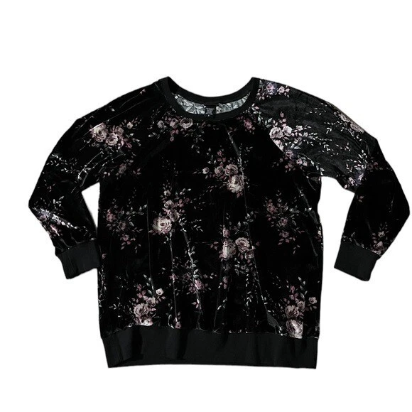 Torrid Womens Floral Velour Crew Neck Sweatshirt Black and Pink Size 2X